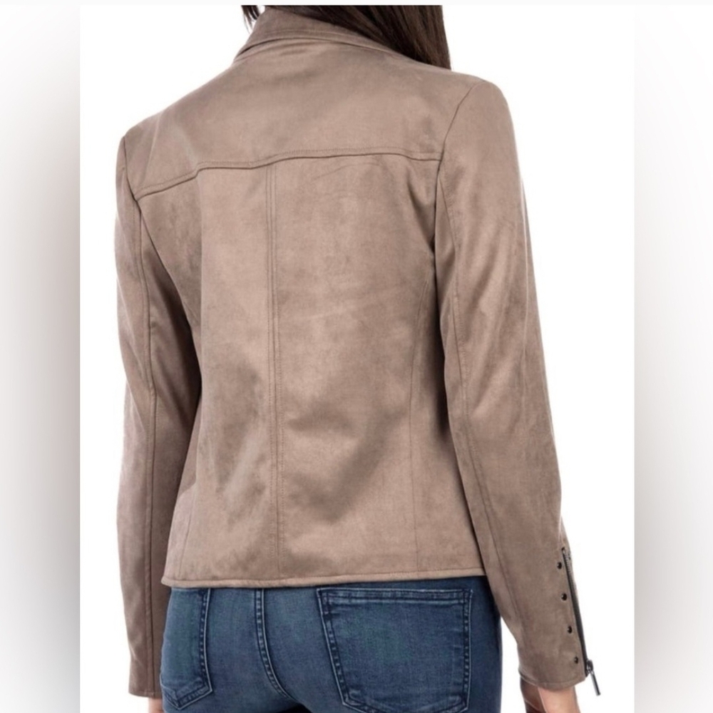 Kut from the Kloth Eveline Asymmetrical Crop Faux Suede Taupe Moto Jacket Size S - Picture 3 of 12